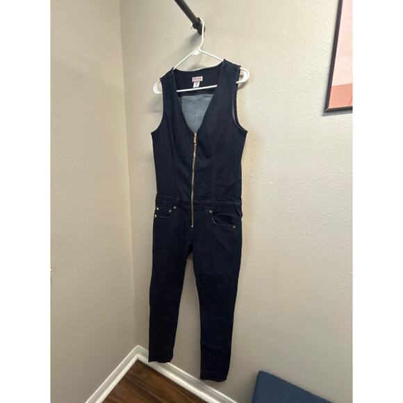 True Religion Jeans Sleeveless Womens Dark Wash Demin Pant Zipper Jumpsuit Sz Lg - Picture 1 of 11